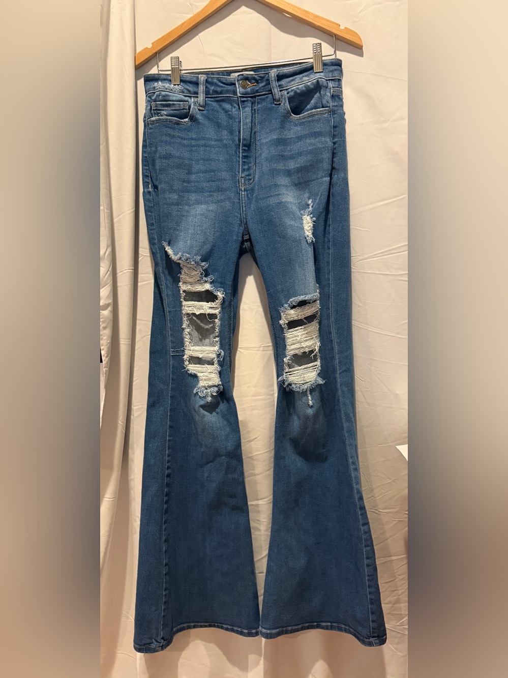 Cello Distressed Dark Blue Flare Jeans